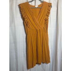 Bohemian Mustard Yellow Lace Trim Smocked Waist Mini Dress L Earthy Festival